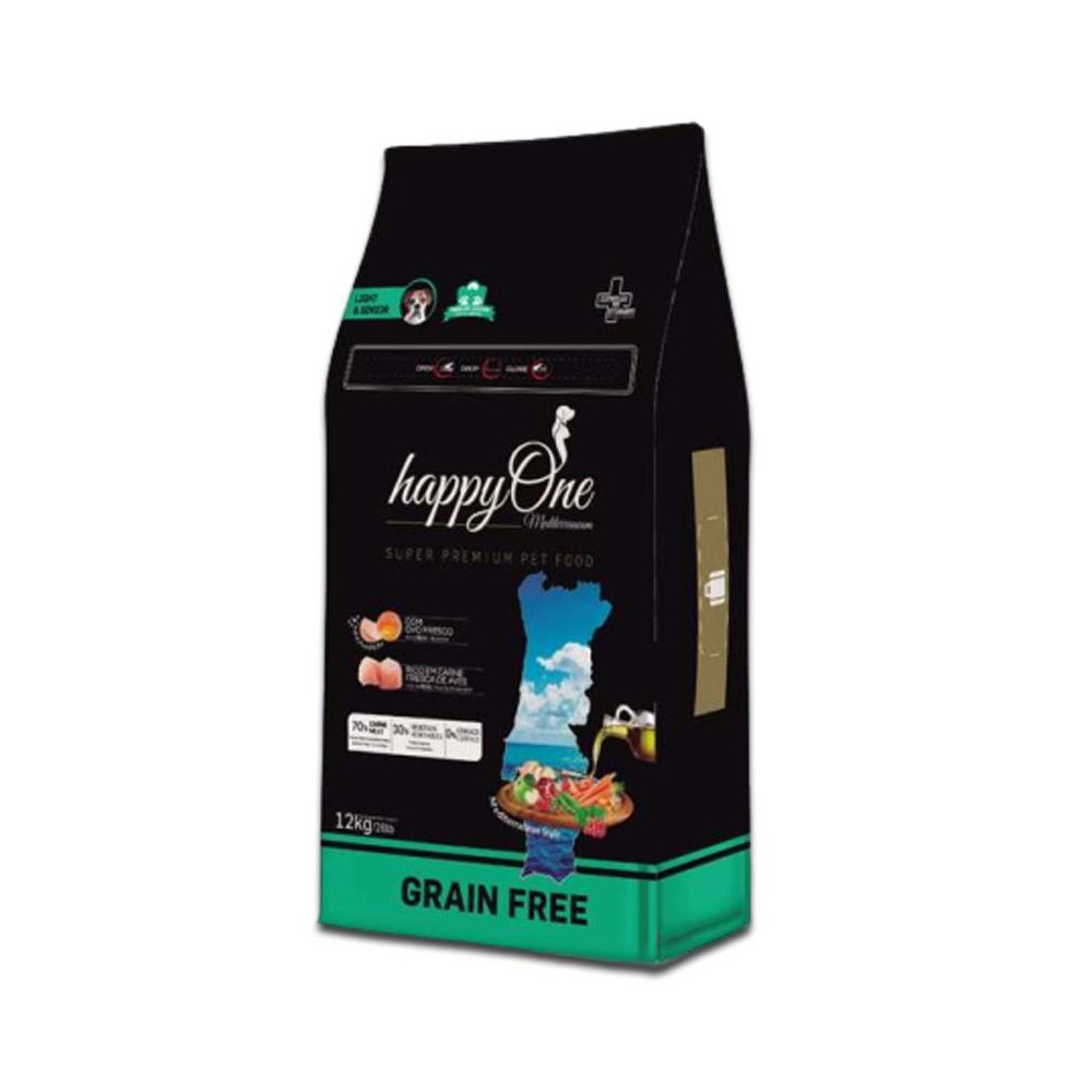 happyOne Grain-Free Mediterraneum Light & Senior dla psich seniorów SUPER PREMIUM 12KG happyOne Grain-Free Mediterraneum Light & Senior dla psich seniorów SUPER PREMIUM 12KG